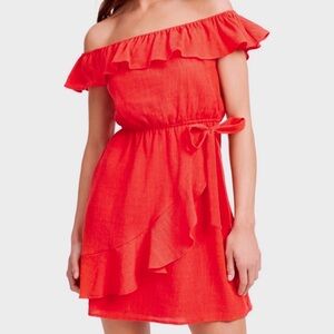City Studio Red Orange Off Shoulder Mini Wrap Dress